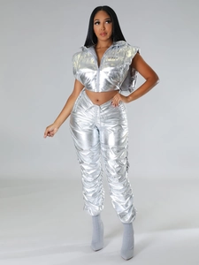 Silver metallic two-piece set featuring hooded puffer vest and drawstring jogger pants
