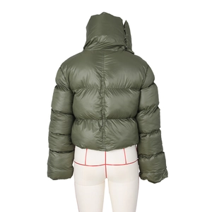 Back view of army green cropped puffer jacket with high collar and quilted texture