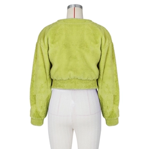 Rear view of vibrant neon green faux fur short jacket featuring elastic cuffs and hem
