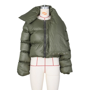 Army green puffer jacket featuring a unique oversized scarf collar and glossy windproof fabric