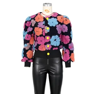 Detail of floral fleece jacket with vibrant embroidery and bright yellow buttons