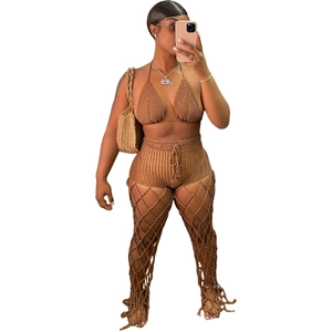 Detail of brown crochet three-piece beach set featuring mesh hollow out texture and drawstring