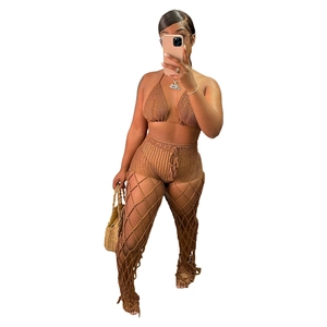 Brown crochet knit three-piece beach set featuring halter top and hollow out net pants