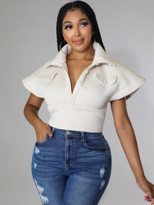 Chic off-white sleeveless top with stand collar and ruffled sleeves for women