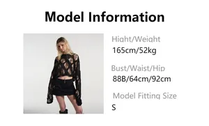 Size guide with model measurements for black hollow out knitted crop top and mini skirt set