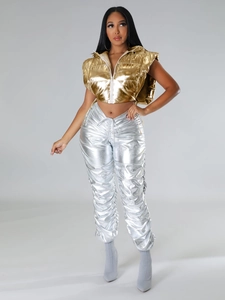 Metallic gold hooded puffer vest and silver pleated joggers fashion set for women