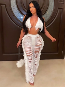 Damen Sexy Neckholder Rückenfrei Fransen Crop Top Und Hohl Fransen Weites Bein Hose Strick Party Urlaub Clubwear