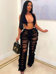 Sexy Damen-Fransenset in Schwarz mit Neckholder-Oberteil und High-Waist-Quasten-Hose