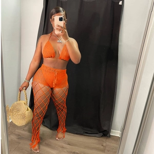 Women Sexy Crochet Acrylic Halter Bikini Top Shorts And Hollow Mesh Pants Bohemian Summer Vacation Handmade Knit Outfit