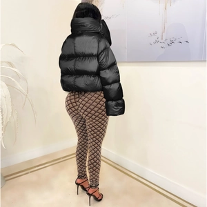 Back view of a glossy black puffer jacket with a high collar and quilted texture