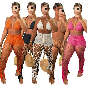 Three-piece crochet beach set with bikini top and mesh pants in five vibrant colors