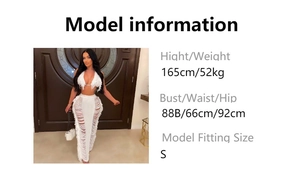 Detailed size chart for white fringe knit beach set with model wearing a crop top and skirt