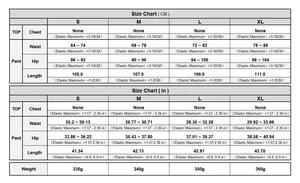 Detailed size chart for fringe knit beach pants showing waist, hips, and length measurements