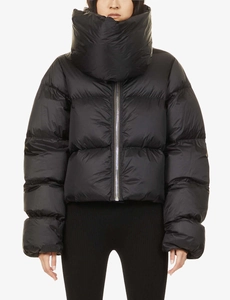 Close-up of black glossy padded jacket featuring a high collar and silver front zipper