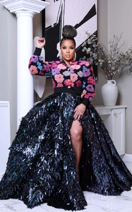 Detailed close-up of high-end 3D floral cardigan with iridescent sequined fringe maxi skirt