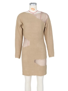 Chic camel knit midi dress featuring irregular hollow-out cutouts and long sleeves