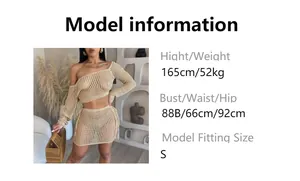 Size chart showing model measurements for this beige crochet knit beach set