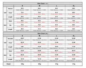 Detailed size chart for women's knit beach set showing top and skirt measurements
