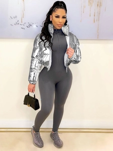 Women Metallic Puffer Jacket Short Cropped Padded Coat Stand Collar Windproof Warm Winter Outwear Streetwear Fashion Zip Up Jacket