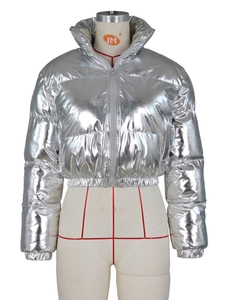 Metallic silver puffer jacket with a high collar and shiny reflective quilted finish
