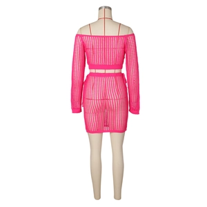 Rear view of pink crochet mesh beach set with long sleeve crop top and mini skirt