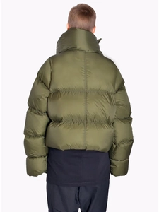 Back view of army green quilted puffer jacket featuring high collar and padded texture