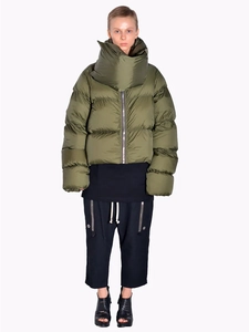 Close-up of army green oversized puffer jacket with high neck windproof design and zipper