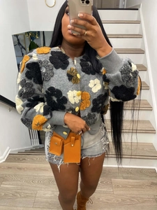 Vintage Women 3D Flower Loose Cardigan Jacket Single Breasted Puff Sleeve Woolen Blend Short Coat Floral Outerwear