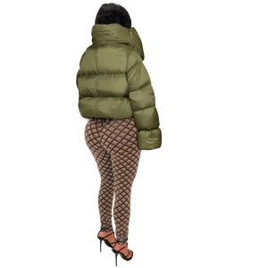 Rear view of high-neck olive green padded puffer jacket with horizontal quilting