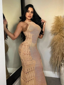 Abito Maxi da Donna Sexy con Intaglio in Maglia Senza Maniche Girocollo Uncinetto Spiaggia Vacanza Slim Fit Tinta Unita Lungo