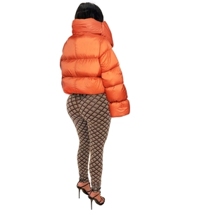 Rear view of vibrant orange cropped puffer jacket with high collar and glossy nylon finish