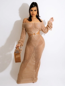 Femme Sexy Robe Maxi au Crochet Ajourée Manches Longues Col en V Bohème Couleur Unie Cache-Maillot en Tricot Vacances