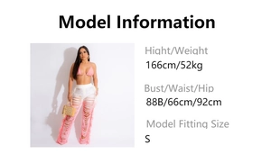 Detail of pink halter bikini top and white fringe knit pants for beach vacation style