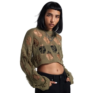 Detailed texture of army green grunge style hollow out knit sweater with ripped details