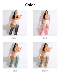 Summer beach set with halter bikini top and high-waist hollow fringe pants in four colors