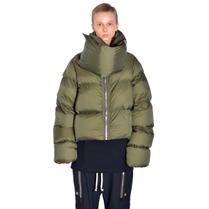 Detail of army green puffer jacket featuring an oversized wrap collar and zipper closure
