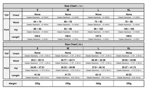 Size chart for knit fringe set with CM and inch measurements including waist and hip data