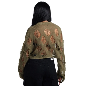 Detail of olive green distressed knit top with cut-out back view and ribbed texture