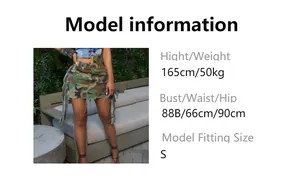 Detailed size guide with model measurements for camouflage mini skirt with fringe