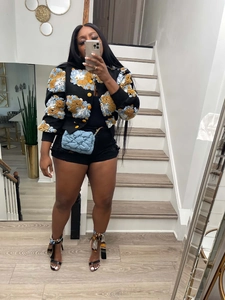 Mirror selfie showing a black cardigan jacket with 3D floral textures and styling details