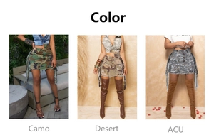 Detailed comparison of camouflage mini skirts in Camo, Desert and ACU styles with tassels