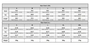 Size chart for women's camouflage fringe skirt showing waist and hip measurements in cm and inches