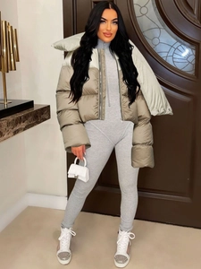 Women Winter Fashion Short Puffer Jacket Scarf Collar Padded Coat Solid Color Zipper Quilted Warm Cropped Jacket Outwear