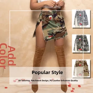 Detail of camouflage mini skirt featuring 3D tailoring, PU leather patches and fringe