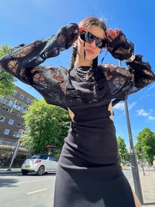 Women Sexy Distressed Hollow Out Knitted Sweater Long Sleeve Round Neck Crop Top Gothic Punk Streetwear Outwear