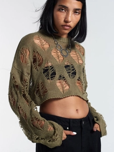 Women's olive green long sleeve distressed knit crop top sweater with cutout details