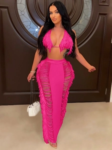 Sexy Women Fringe Tassel Halter Crop Top And Hollow Out Maxi Skirt Acrylic Yarn-Dyed Beach Vacation Clubwear Outfits