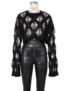 Women's black hollowed out knit sweater with long sleeves and high waist leather pants set