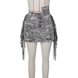 Detail of camouflage mini skirt with button front and distressed fringe edges