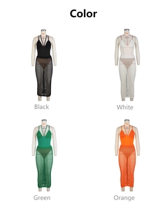 Dettaglio del set in maglia all'uncinetto con i colori verde, bianco, nero e arancione